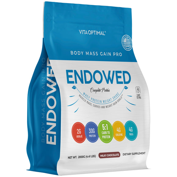 ENDOWED BODY MASS GAIN PRO - COMPLETE WHEY PROTEIN  + BCAAs + MACA | MILKY CHOCOLATE FLAVOR | 4.4LB RESEALABLE POUCH